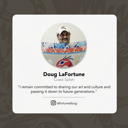 Button with a portrait of Doug La Fortune and text about sharing art and culture.