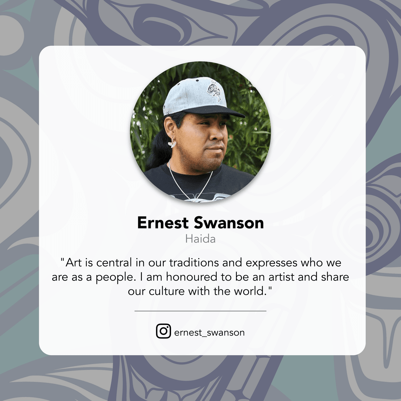 Profile card of Ernest Swanson with a quote and an Instagram handle on a patterned background