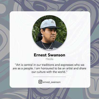 Profile card of Ernest Swanson with a quote and an Instagram handle on a patterned background