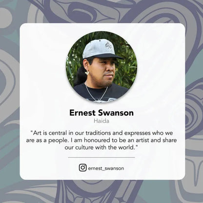 Photo of Indigenous Artist Ernest Swanson of Haida with quote and Instagram Handle