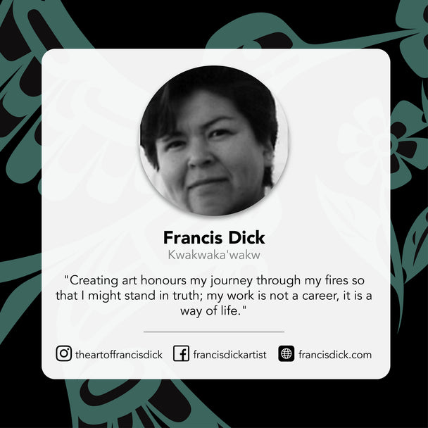 Indigenous Artist Francis Dick photo and quote with social media handles - instagram, facebook and website