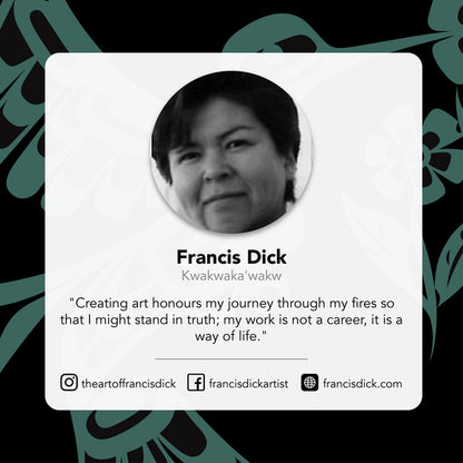 Indigenous Artist Francis Dick photo and quote with social media handles - instagram, facebook and website