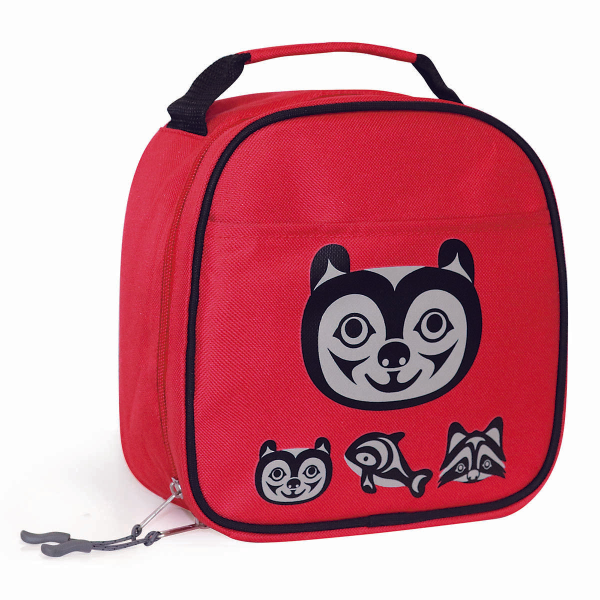 Red lunch bag with raccoon, bear and whale illustrations