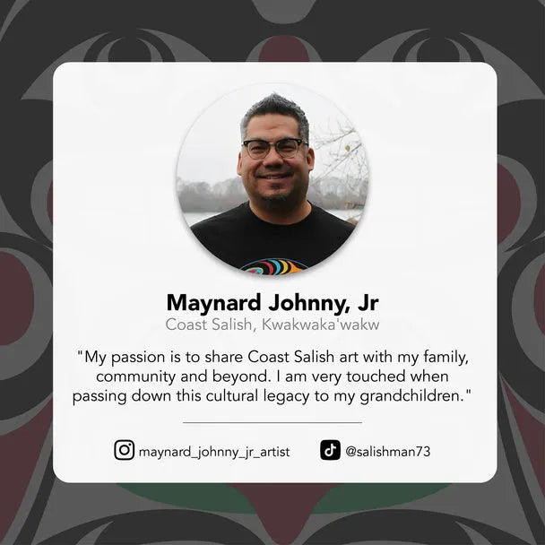 Photo of Indigenous Artist Maynard Johnny Jr of Coast Salish with quote and Instagram and Tiktok social media handles