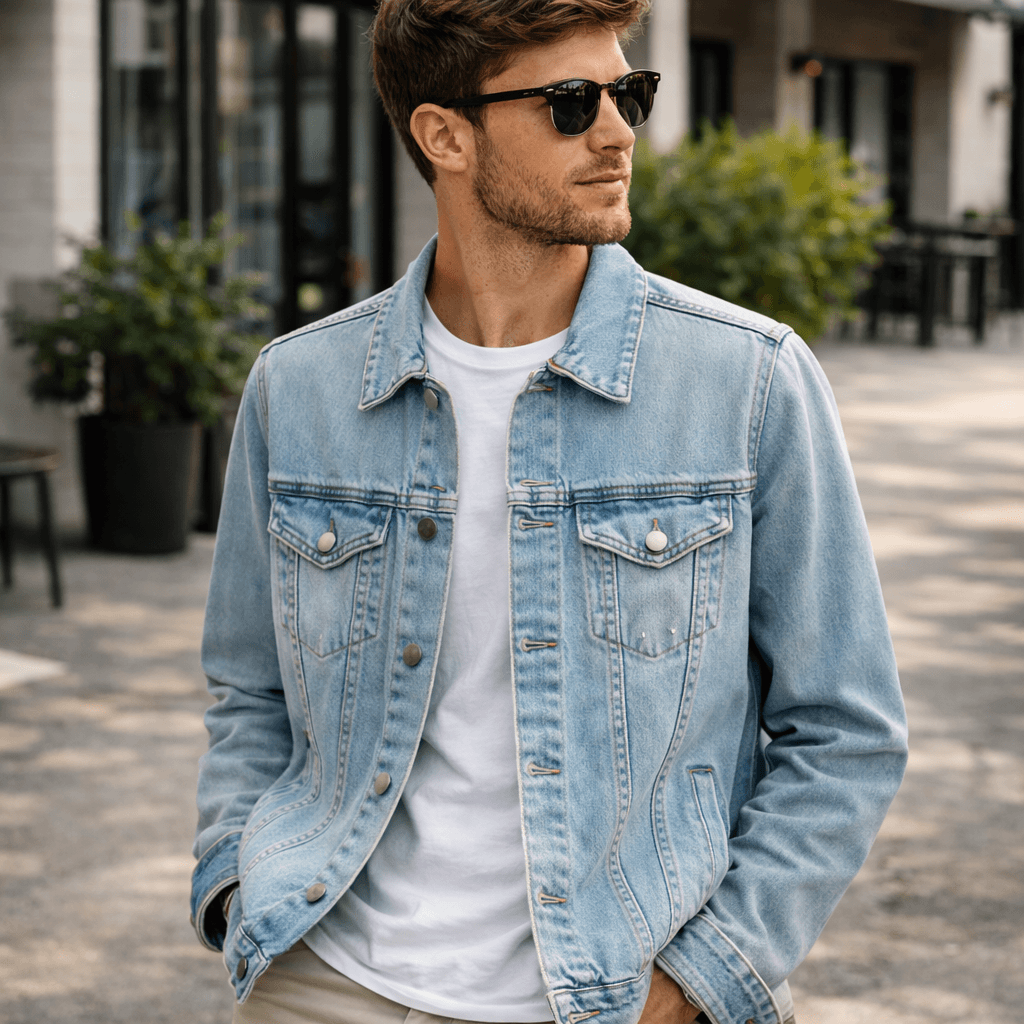 Man wearing a light blue denim jacket and sunglasses outdoors.