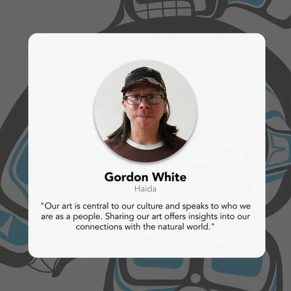 Photo of Indigenous Artist Gordon White of Haida with quote