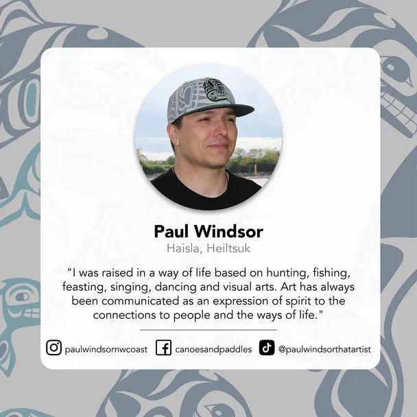 Photo of indigenous artist Paul Windsor of Haisla, Heiltsuk with quote and social media handles, Instagram, facebook and tiktok