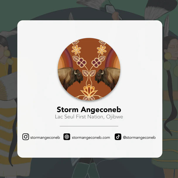 Profile card of Storm Angeconeb with a decorative design on a Indigenous pattern background