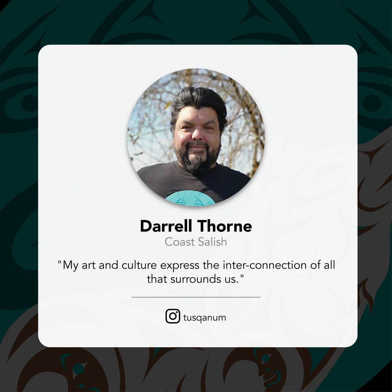 Profile card of Darrell Thorne with a circular profile picture and text about his art and culture.