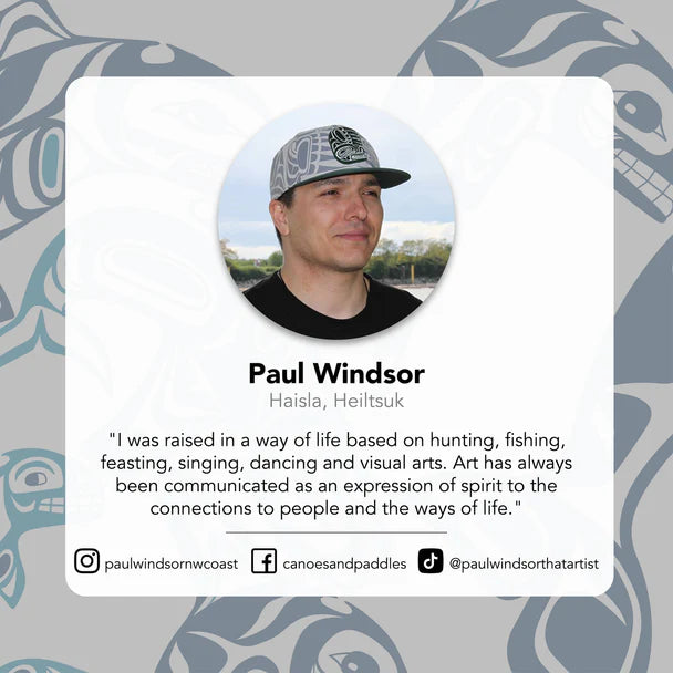 Profile card of Paul Windsor with a photo, bio, and social media links on a patterned background.