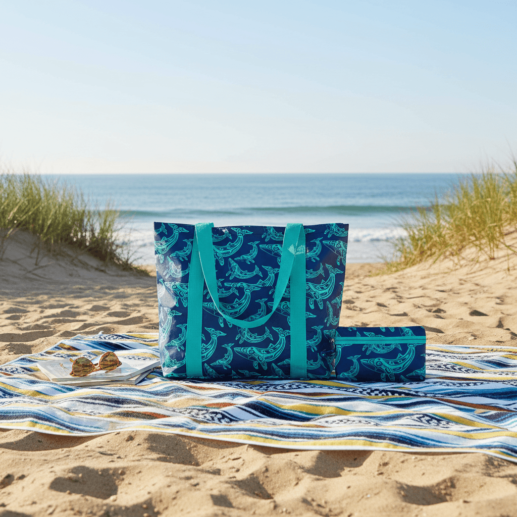 Blue patterned tote bag on a beach with ocean view
