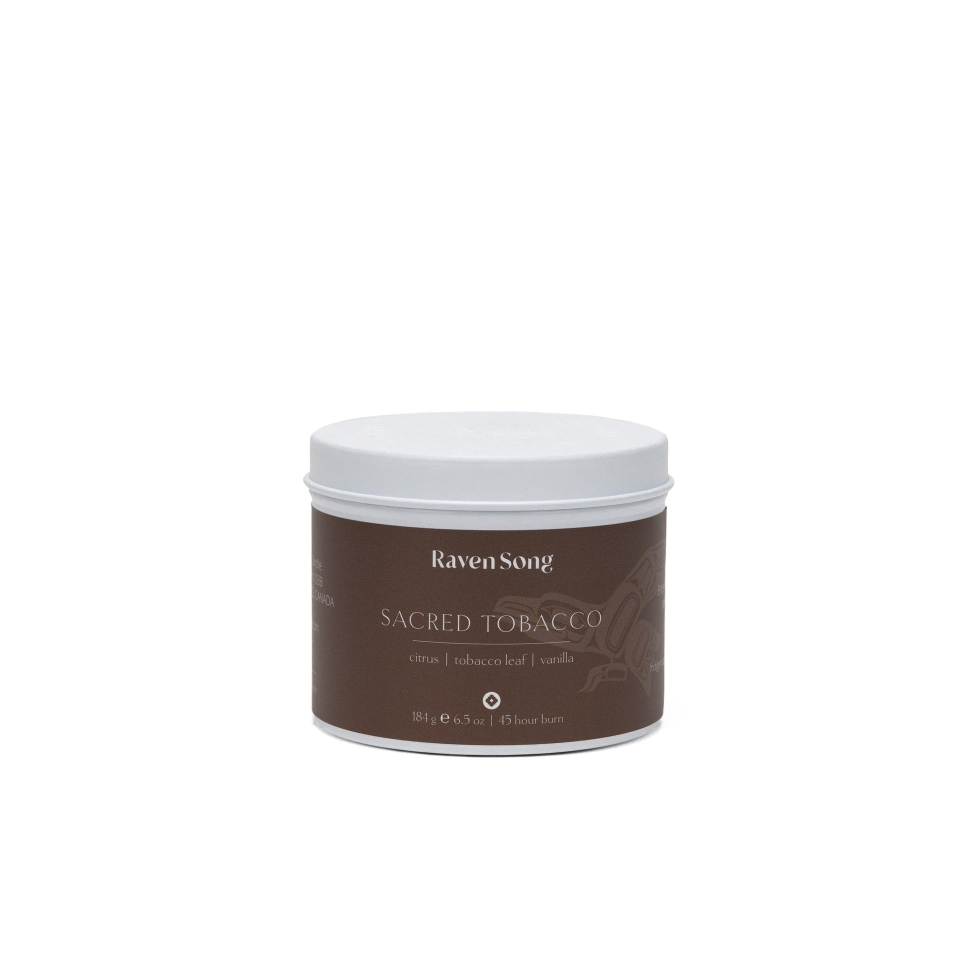 Sacred Tobacco coconut wax candle by RavenSong in a brown tin, citrus tobacco leaf and vanilla