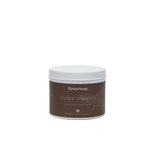 Sacred Tobacco coconut wax candle by RavenSong in a brown tin, citrus tobacco leaf and vanilla