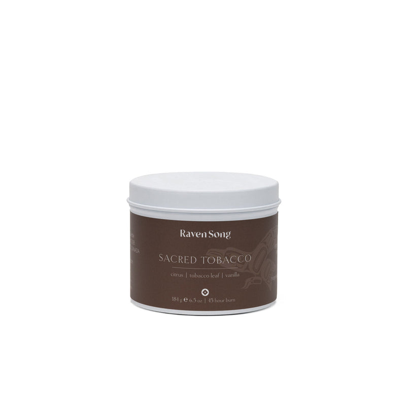 Sacred Tobacco coconut wax candle by RavenSong in a brown tin, citrus tobacco leaf and vanilla