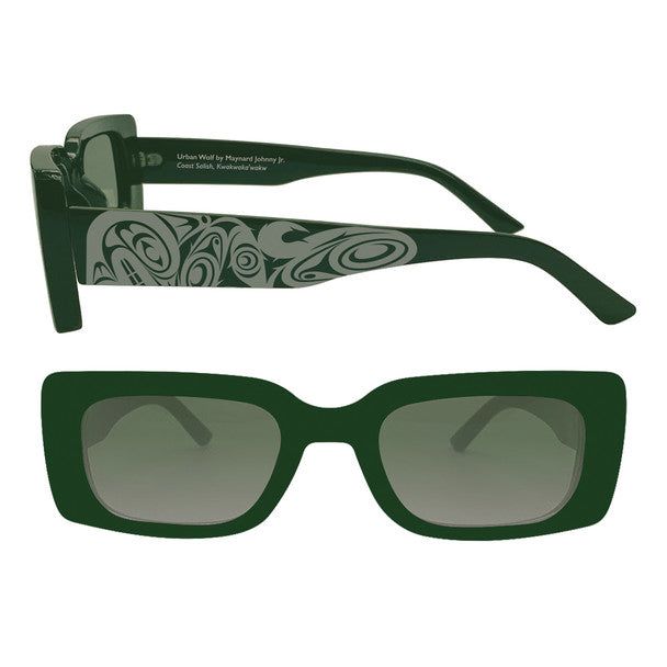 Green rectangular sunglasses by Indigenous Artist Maynard Johnny Jr 