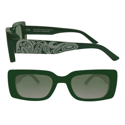Green rectangular sunglasses by Indigenous Artist Maynard Johnny Jr 
