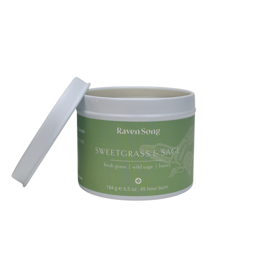 Sweetgrass and Sage coconut wax candle by RavenSong in a green tin, fresh grass wild sage and honey
