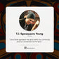 Profile card of T.J. Sgwaayaans Young with a quote and social media handle on a colorful background.