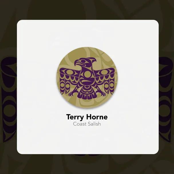 Terry Horne purple eagle symbol with name and affiliation - Coast Salish
