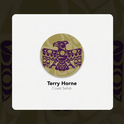 Terry Horne purple eagle symbol with name and affiliation - Coast Salish