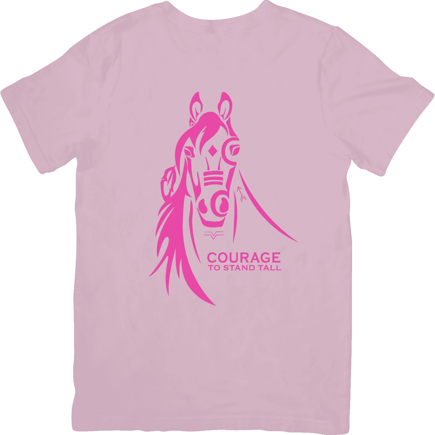 Pink t-shirt with a pink horse graphic and 'Courage to stand tall' text