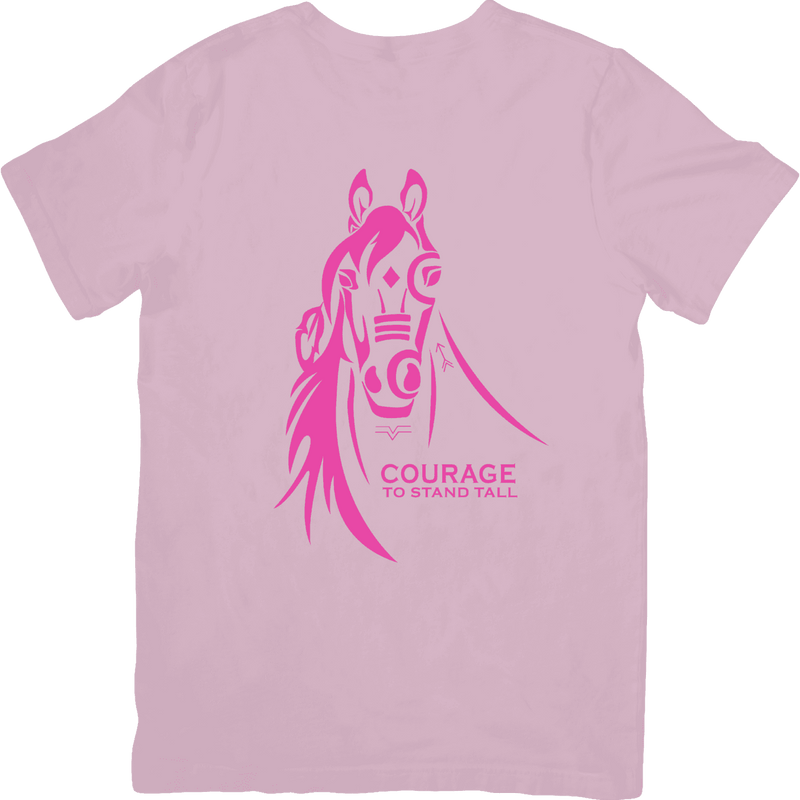 Pink t-shirt with a pink horse graphic and 'Courage to stand tall' text