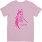 Pink t-shirt with a pink horse graphic and 'Courage to stand tall' text