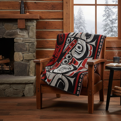 Wooden chair with a patterned blanket draped over it in a cozy room with a stone fireplace and window.