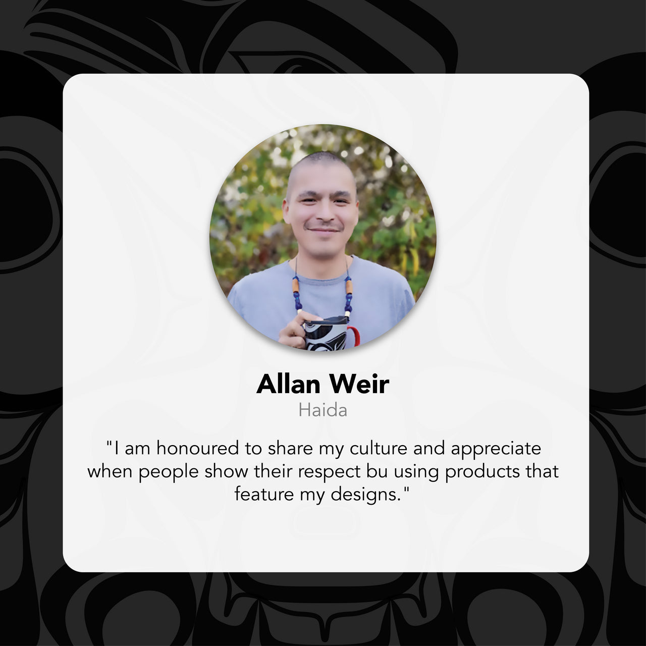 Profile card of Allan Weir with a photo and quote on a dark background