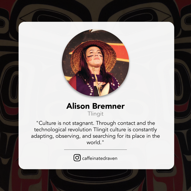 Contact card for artist Alison Bremner with quote on Indigenous pattern background