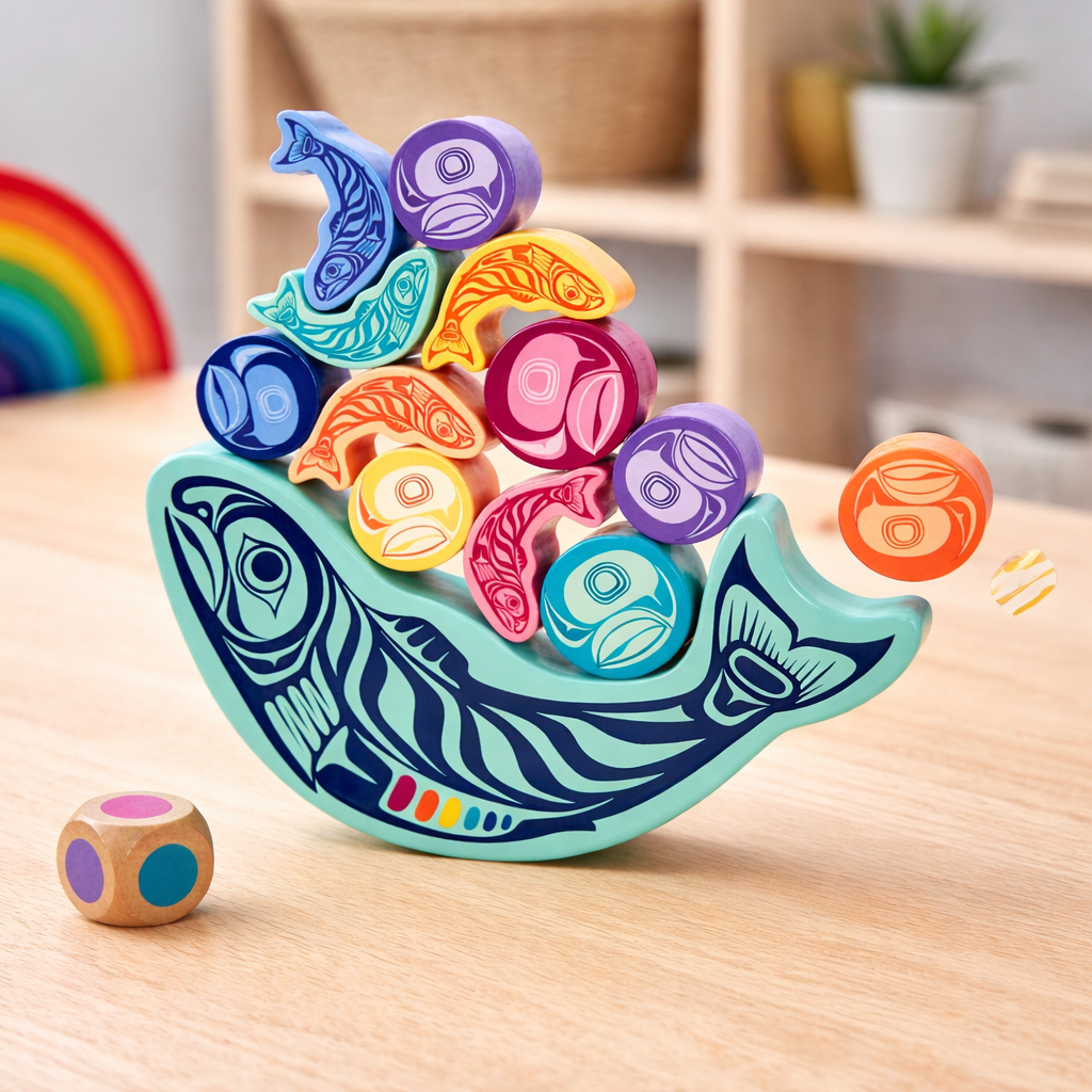 Colourful wooden Indigenous design salmon toy