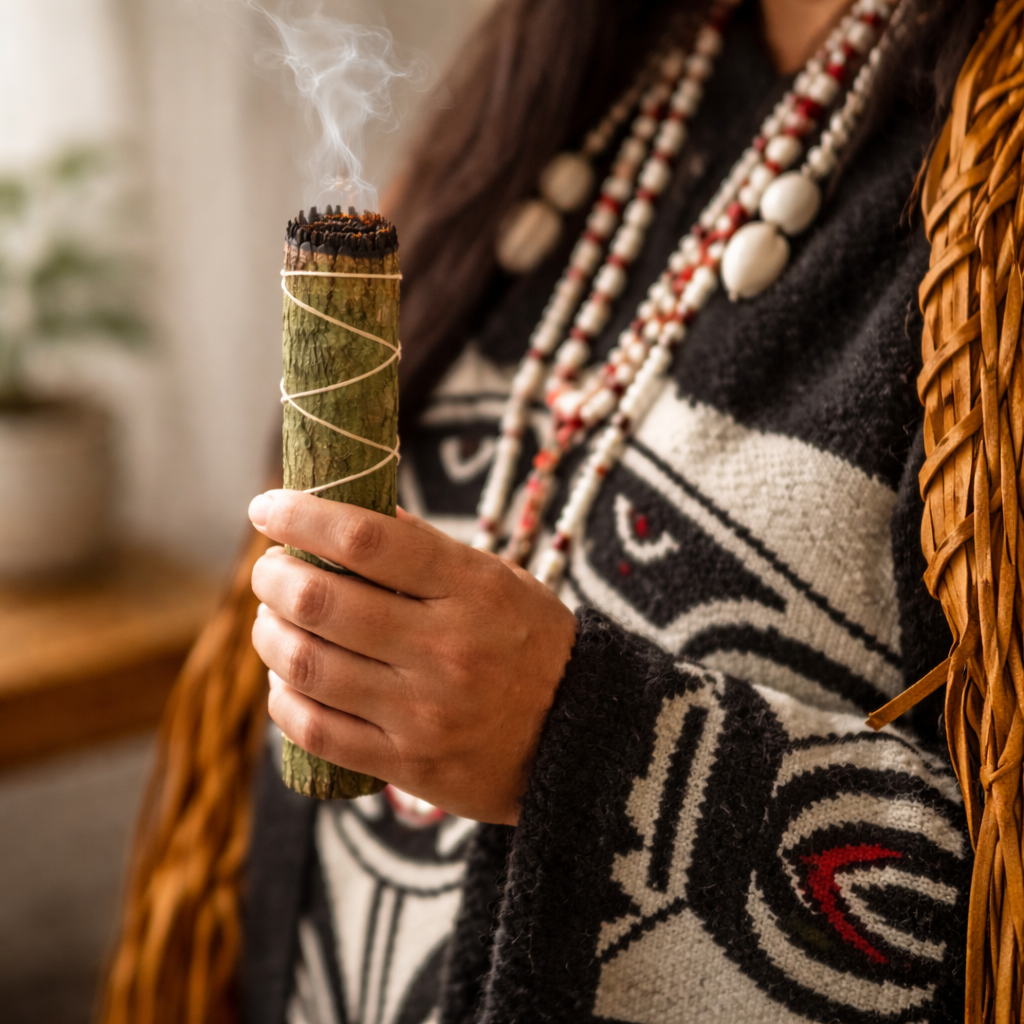 Person holding a smoldering sage bundle with a blurred indoor background