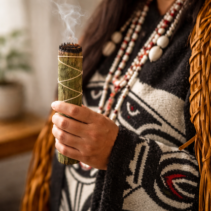 Person holding a smoldering sage bundle with a blurred indoor background