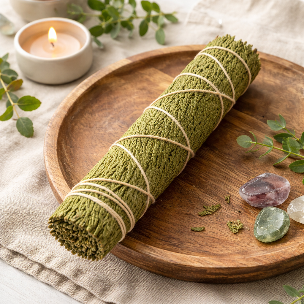 Rolled green cedar on a wooden plate with candles and crystals in the background