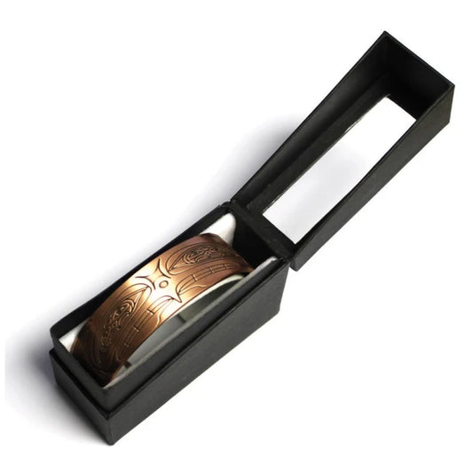 Copper plated cuff bracelet with Higher Power design, alternate view