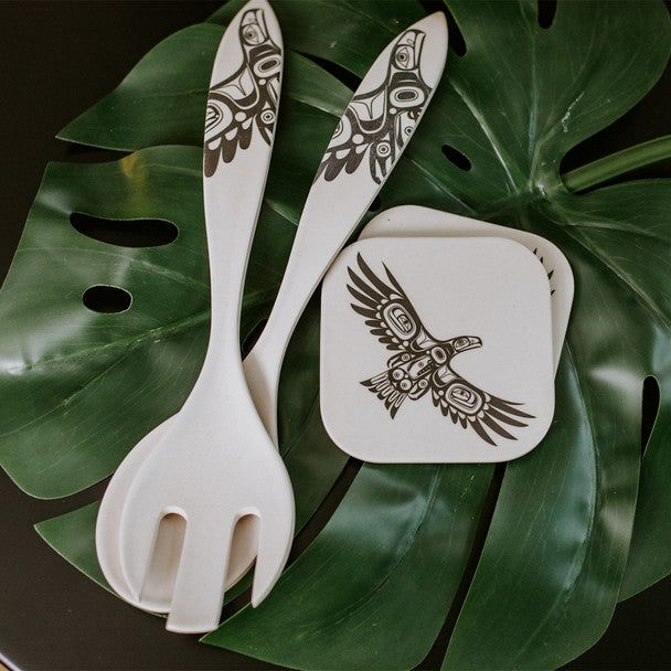 Bamboo eagle coasters and Kitchen Utensils displayed on top of a Monstera Pleant Leaf 