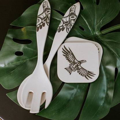 Bamboo eagle coasters and Kitchen Utensils displayed on top of a Monstera Pleant Leaf 