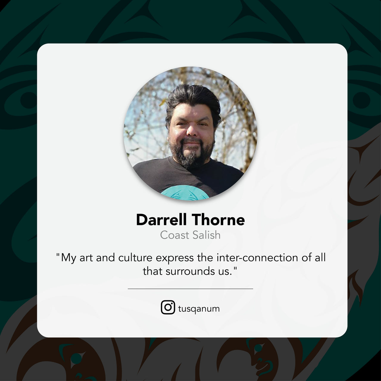 Profile card of Darrell Thorne with a circular profile picture and text about his art and culture.
