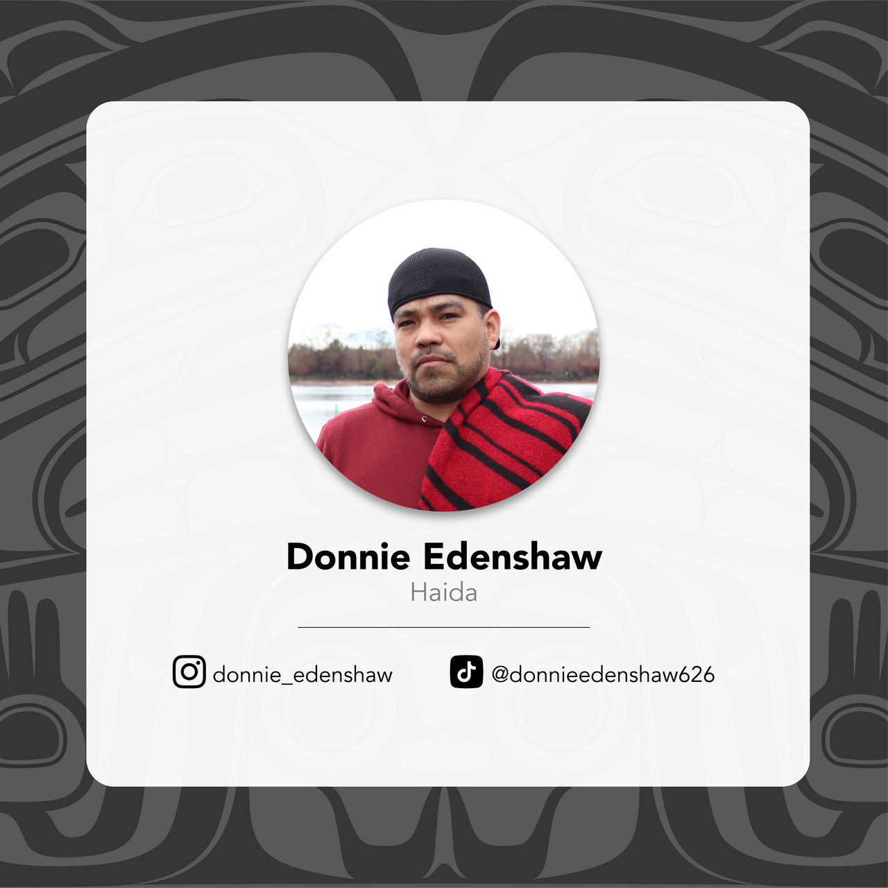 Artist Donnie Edenshaw photo and bio card with affiliation Haida