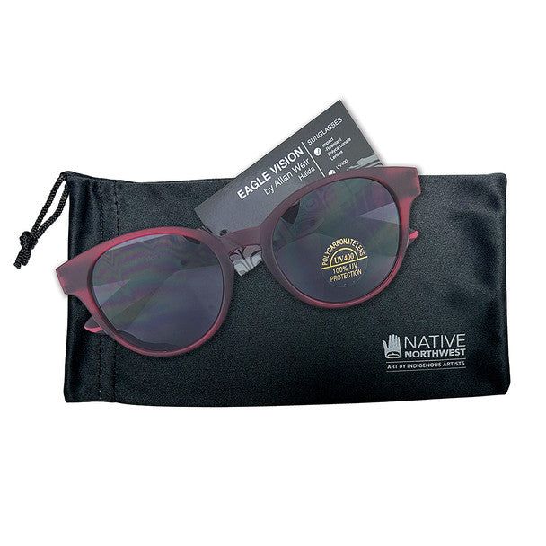 Eagle Vision sunglasses by Haida artist Allan Weir shown on top of the sunglasses case