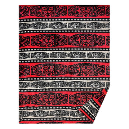 Blanket with black and white Indigenous patterns
