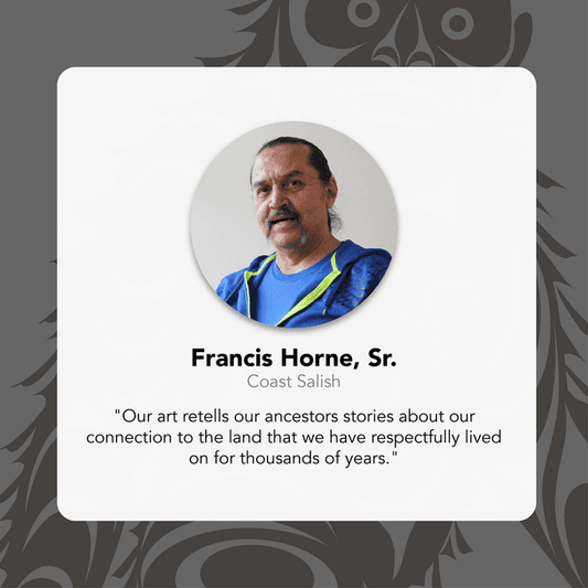 Portrait of Francis Horne, Sr. with a quote about art and ancestors on a gray background with tribal design.