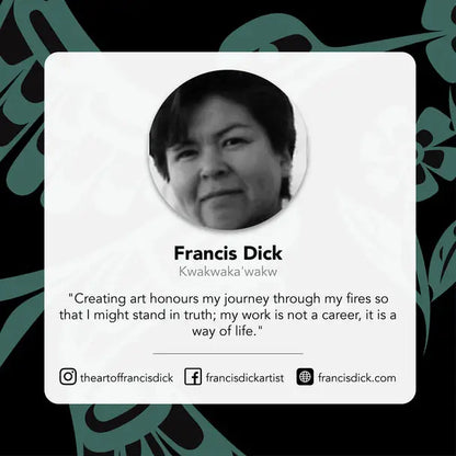 Profile card of Francis Dick with a quote and contact information on a decorative background