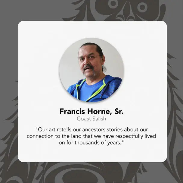 Portrait of Francis Horne, Sr. with a quote about art and ancestors on a gray background with Indigenous design.