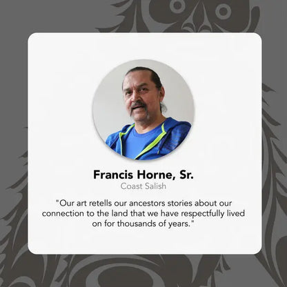 Portrait of Francis Horne, Sr. with a quote about art and ancestors on a gray background with Indigenous design.