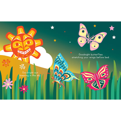 Illustration of a sun, butterflies, and flowers with text on a green background