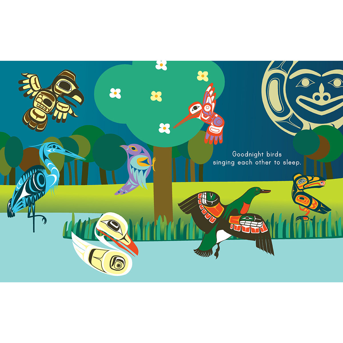 Illustration of various birds in a forest with a stylized tree and a large circular design in the corner.