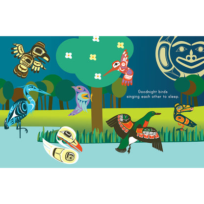 Illustration of various birds in a forest with a stylized tree and a large circular design in the corner.