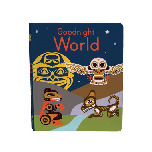 Children's book titled 'Goodnight World' with Indigenous illustrations on the cover