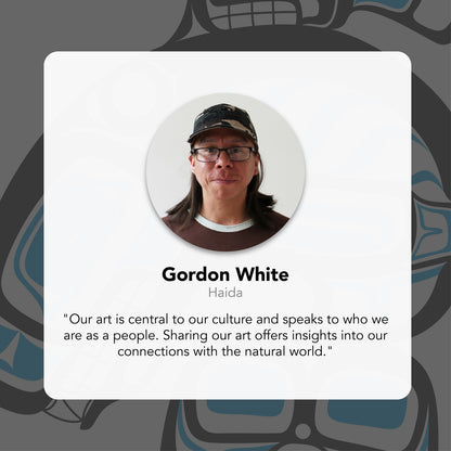 Portrait of a person with text about art and culture on a gray background